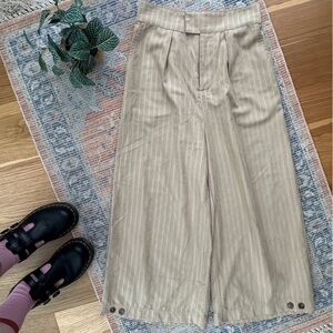 Beige Striped Wide-Leg Linen Blend Pants